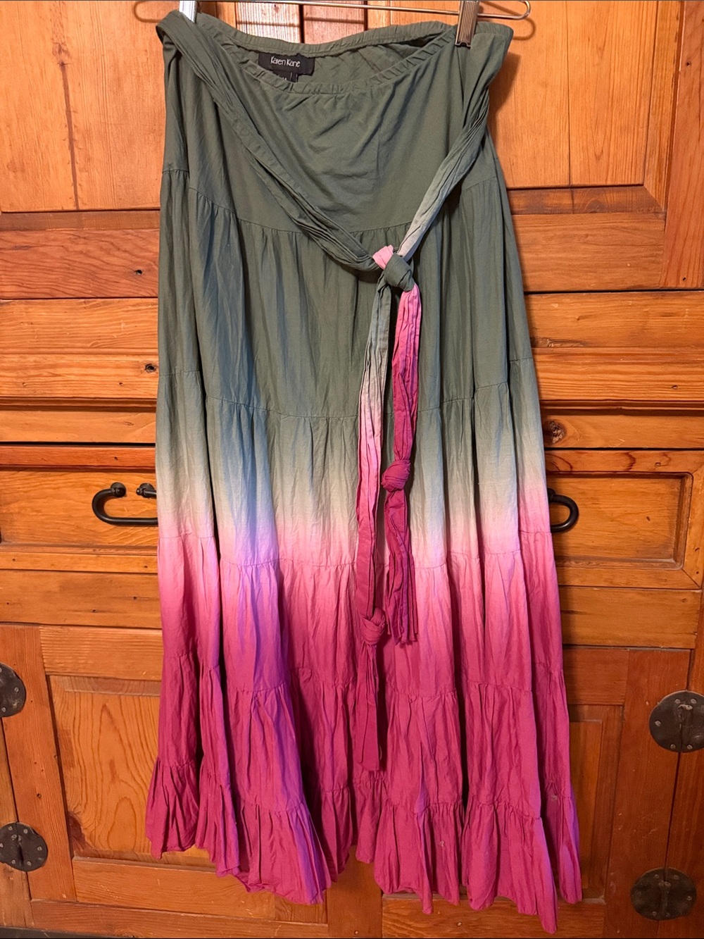Karen Kane Olive to Pink Ombre Tiered Maxi Skirt with Waist Tie